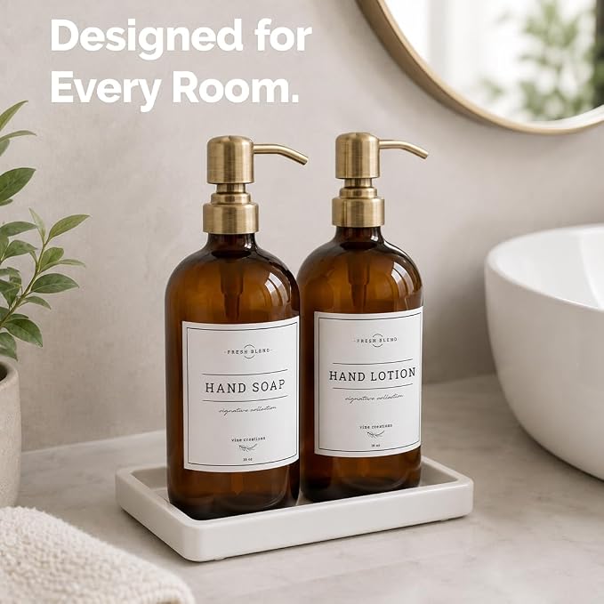 Vine Creations Amber Glass Soap Dispenser, 2 Pack Kitchen Soap Dispenser Set with Ceramic Tray, Stainless Steel Pump, Dish Soap and Hand Soap Dispensers for Bathroom Decor with Waterproof Labels