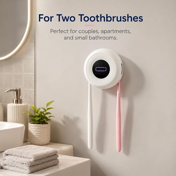 Upgraded Toothbrush Holder, UV & Heated Drying Wall Mounted Toothbrush Cleaner, Aesthetic Tooth Brush Holder for Bathroom Fits Most Toothbrushes, Auto-Cycle Electric Organizer, for Family