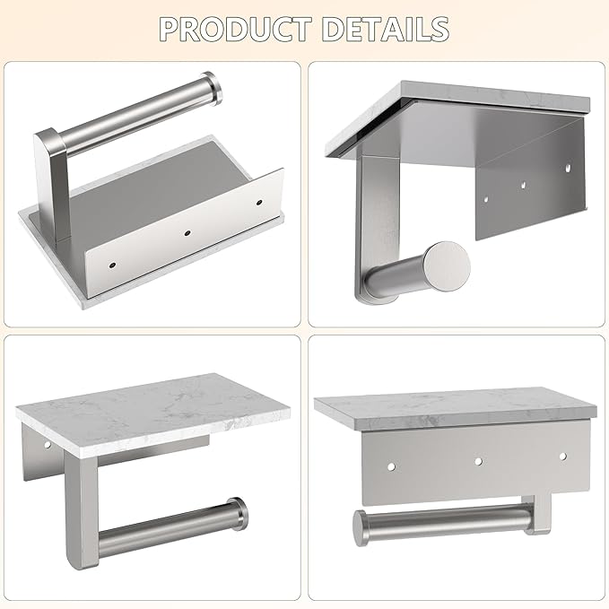 Marble Toilet Paper Holder with Shelf, Evolvegoods Brushed Nickel Bathroom Toilet Paper Holder Wall Mount, 304 Stainless Steel Modern Toilet Paper Roll Holder Storage Tissue Holder