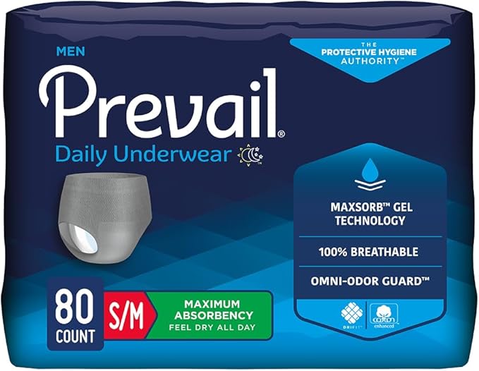 Prevail - Men's Protective Underwear - Pull-up Incontinence Underwear - Disposable Adult Diaper - Maximum Absorbency - Small / Medium - 80 Count (4 packs of 20)