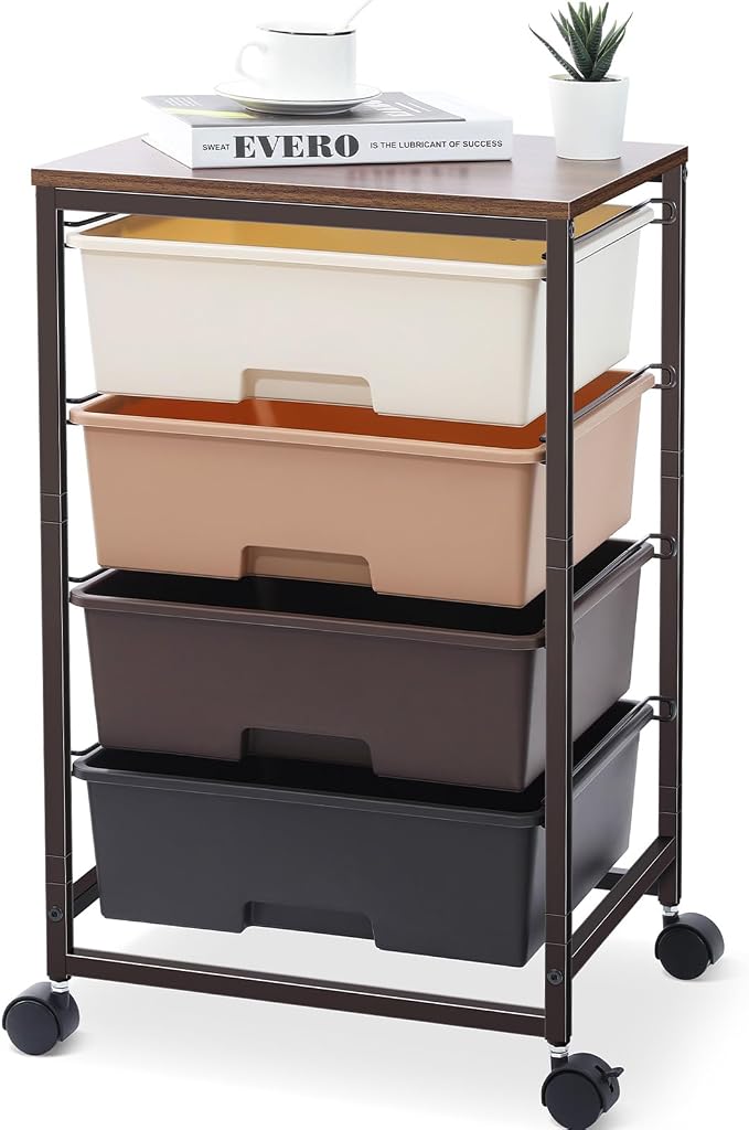 SYKIARIOL Utility Cart with 4 Drawers,Rolling Storage Cart with Drawers,Storage Rolling Drawer Cart,Brown