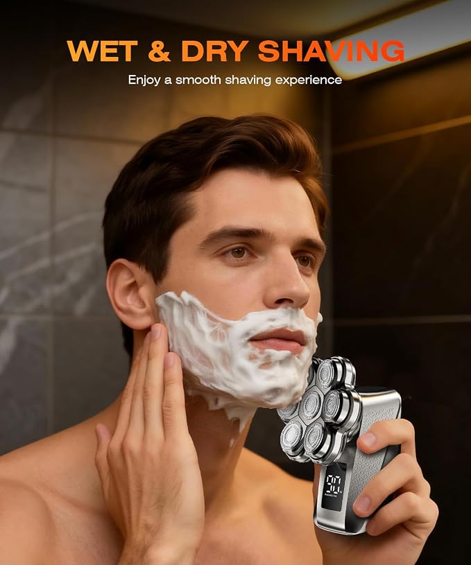 7D Head Shavers for Bald Men, Waterproof Wet or Dry Electric Razor for Men, 5-in-1 Detachable Head Shaver, Grooming Kit, LED Display/Type-C Charge, Travel-Friendly-Steel Gray