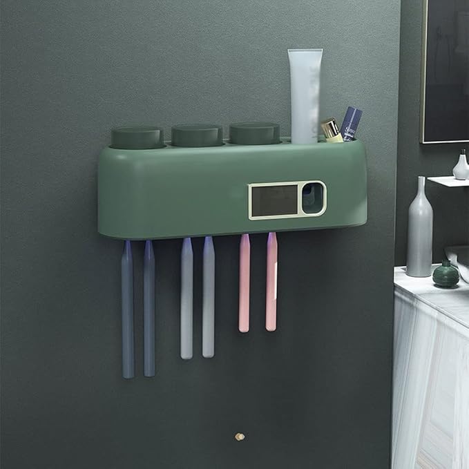 Toothbrush Rack 2PCS Wall Mount Smart Toothbrush Holder with LED Light, Mouthwash Cup, Automatic Toothpaste Dispenser Squeeze Kit Bathroom Toothbrush Holder(B)