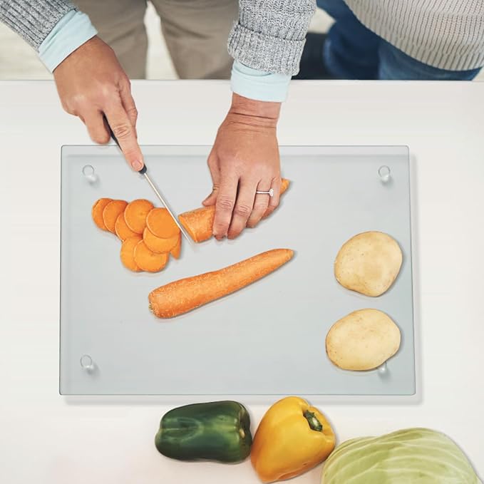 Mymonfif Tempered Glass Cutting Board for Kitchen, Clear Glass Board for Countertop, Heat Resistant, with Non-Slip Feet, 12x16" 1Pcs