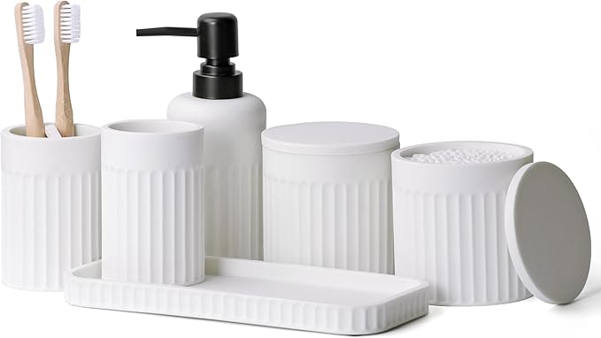 INIUNIK Bathroom Accessory Set - 6 Pieces Bathroom Accessories Set Complete with Soap Dispenser, Toothbrush Holders, Tumbler, Vanity Tray and 2 Qtip Holder for Home Organizer and Decor, White