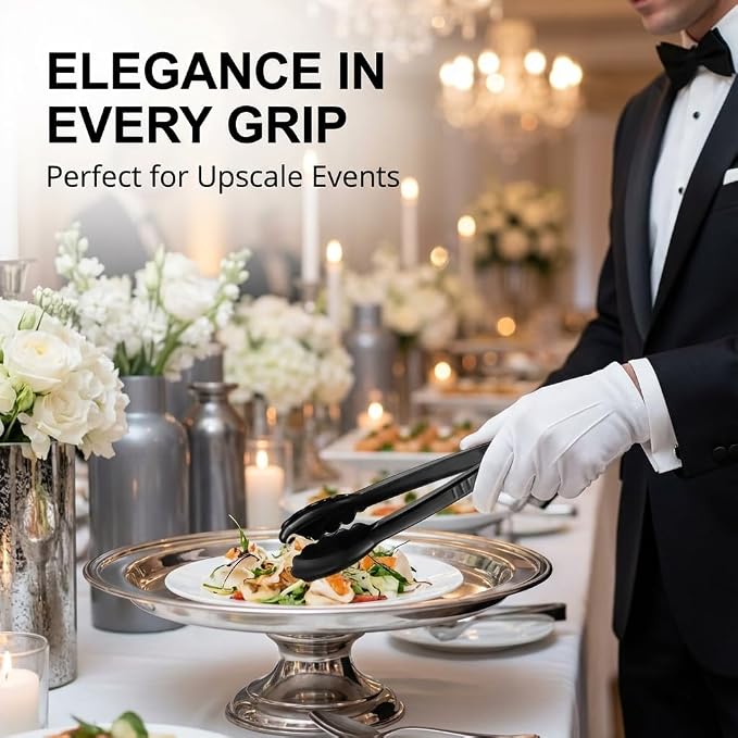 Plastic Tongs for Serving (Pack of 6) 9 Inch - Heavy-Duty Hard Plastic Reusable or Disposable Serving Tongs for Catering, Dinner Parties, Banquets, Buffets, Events, Weddings and Everyday Use, Black