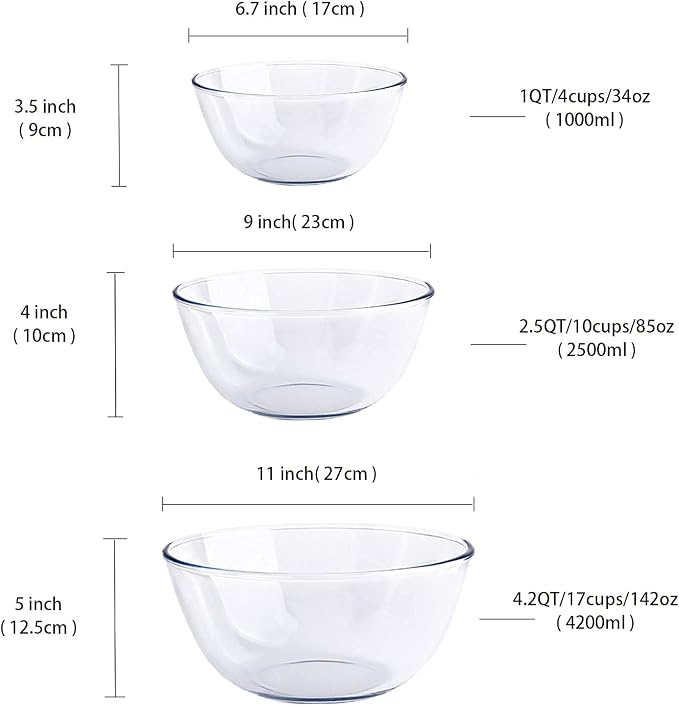 Homwin Glass Mixing Bowl Set for Baking 3-Piece Salad Bowl Set (1qt, 2.5qt, 4.2qt), High Brosilicate Large Bowls for Kitchen Prepping Serving and Storage, Microwave Dishwasher Oven Safe