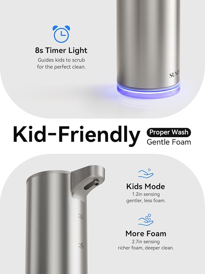 SUNLY Automatic Foaming Soap Dispenser Touchless, 0.2s Fast Sensor, USB-C Rechargeable, Smudge-Resistant Stainless Steel, Hand Soap Dispenser for Bathroom, Kitchen, Hotel, Silver