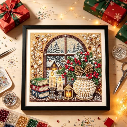 DIY Christmas Pearl Diamond Painting Art Kit Gifts Adults with Frame