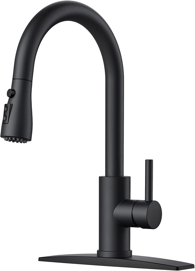 FORIOUS Black Kitchen Faucet with Pull Down Sprayer, Bar High Arc Single Handle Traditional 3 Modes Stainless Steel Faucet for Kitchen Sink Farmhouse RV Laundry Camper