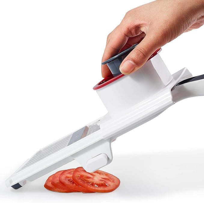 Zyliss Easy Control Handheld Slicer - Vegetable Slicer & Chopper - Fruit Cutter - Handheld Slicer with Two Stainless Steel Blades - Dishwasher Safe - White/Red, 13 inches