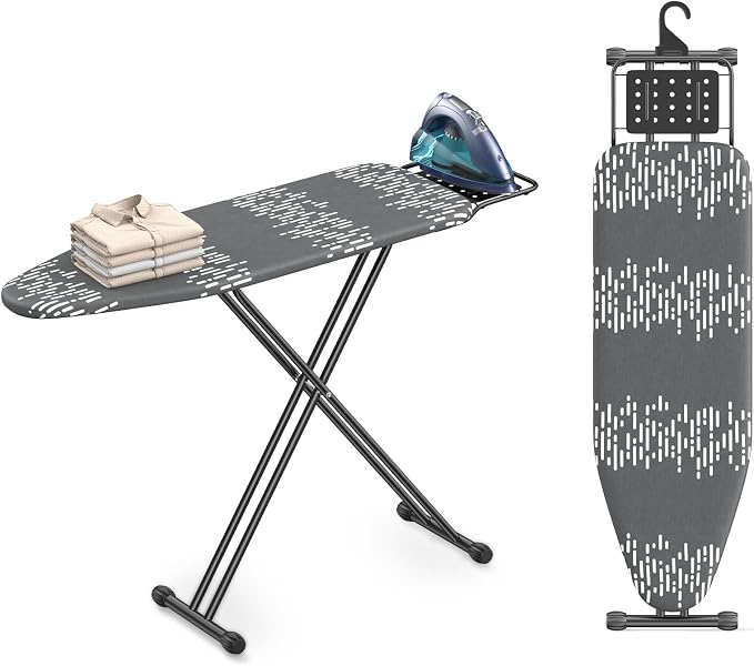 Full Size Ironing Board 54 x 13 in, Foldable with Iron Rest & Thick Pad | 7 height settings, safety lock, triple-layer heat protection, non-slip silicone feet, reinforced frame, built-in hanging hook