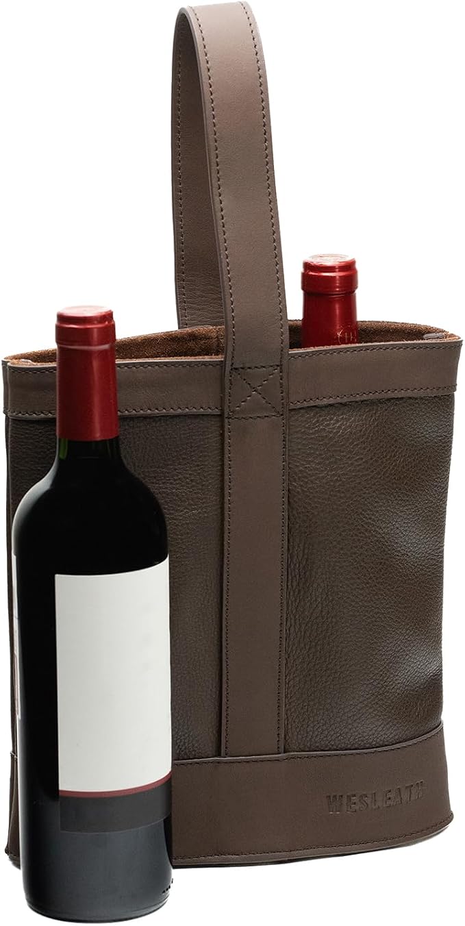 Double Wine Carrier Bag – Leather Wine Tote for Two Bottles with Handles & Metal Buckle – Protective Carrier for Picnic, Wine Champagne Gift Bag (Moka)