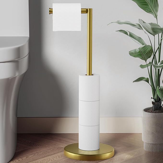Brushed Gold Toilet Paper Holder Stand, 22.2" H Free Standing Toilet Paper Roll Holder Storage Shelf with Weighted Base, Rustproof Stainless Steel Bathroom Tissue Storage for Mega Rolls