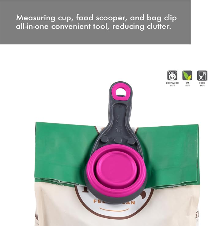 Dexas Popware for Pets Collapsible Klip Scoop, 3-in-1 Pet Food Scoop, Measuring Cup and Bag Clip, 1/2 Cup Capacity, Fuchsia