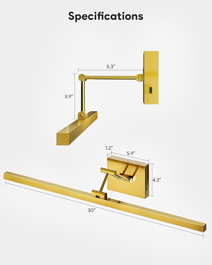 VONLUCE 30" LED Bathroom Vanity Light, 3CCT Modern LED Vanity Lights with 360° Rotatable Head Swing Arm, 11.4W Bathroom Light Fixture Over Mirror, LED Lights for Bathroom Bedroom, Brushed Gold