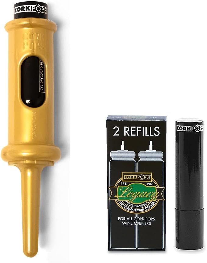 Cork Pops Original Wine Bottle Opener, 6.5 Inch – Made in USA, Effortless Push-Button Cork Removal, Includes Cartridge (Opens Up to 60 Bottles) (Gold, 3 Cartridges)