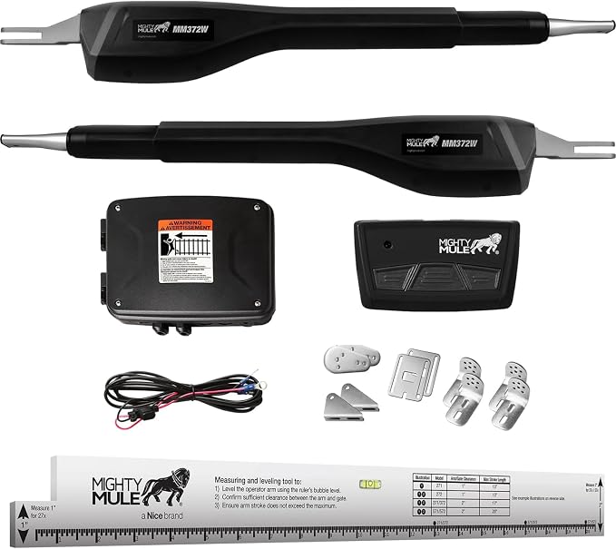Mighty Mule MM372W-A Dual Gate Opener, Smart and Solar Ready, Includes Gate Opener Installation Ruler and More, Up to 16ft Long or 550lb per Leaf, Upgraded Gate Opener Kit