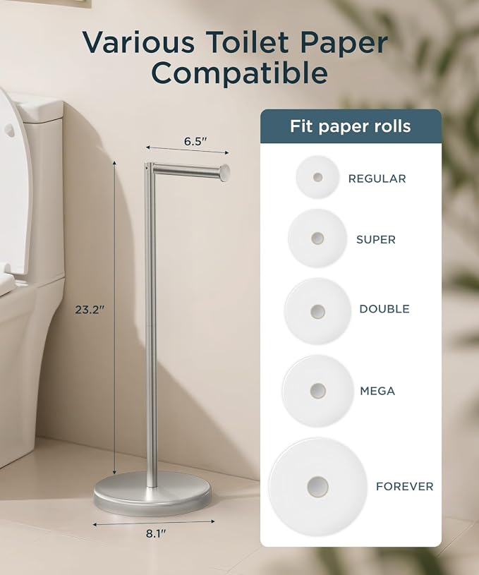 FORIOUS Toilet Paper Holder Stand, Toilet Paper Storage with 4 Rolls, Freestanding Tissue Roll Holder for Bathroom, Durable 304 Stainless Steel and Weighted Base Toilet Paper Stand, Brushed Nickel