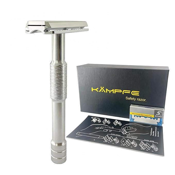 KAMPFE Shaving Razor CNC Aluminum Double Edge Safety Razor Contains 5 Blades.Perfect Fixed Shaving Angle With Superior Blade Rigdity.Mild Type Reusable Single Blade Razors for Men and Women (silvery1)