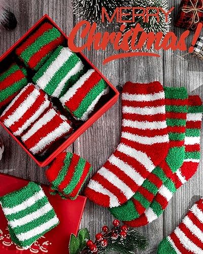 Toulite 60 Pairs Christmas Fuzzy Socks Bulk for Women Soft Plush Slipper Winter Striped Fluffy Warm Sleeping Socks for Holiday Indoor Home Bright Color One Size
