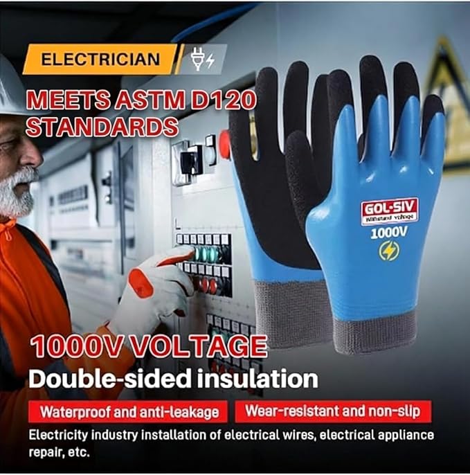 1000V Insulated Work Gloves, ASTM D120, 2 Pairs, Large | High dexterity electrical safety gloves. Non-slip grip, breathable. For EV, HVAC & low-voltage repair.