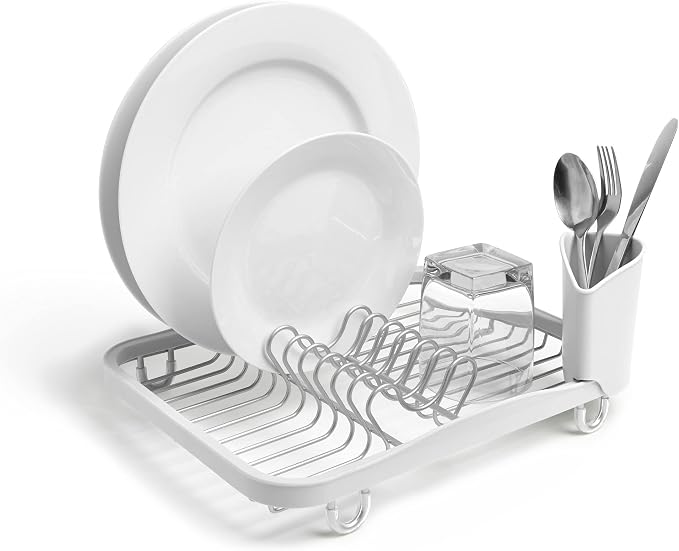 Umbra Sinkin Dish Drying Rack, in Sink or Countertop Drainer, White/Nickel | Removable utensil holder, non slip rubber feet, fits standard sizes, coated wire and plastic