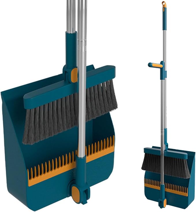 Broom and Dustpan Combo Set for Home - Long Handle Angle Broom & Dust pan Combo Built-in Comb Teeth to Automatically Clean Hair - Suitable for Home Kitchen Office Hall Floor,Blue
