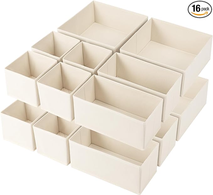 Criusia Drawer Organizer Clothes,16 Pack Underwear Drawer Organizers, Foldable Closet Organizers and Storage Dresser Drawer Dividers Clothing Organizer for Clothes, Socks, Scarves, Bra, Ties (Beige)