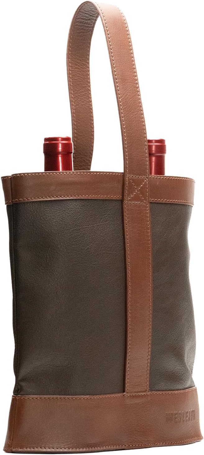 Double Wine Carrier Bag – Leather Wine Tote for Two Bottles with Handle – Protective Carrier for Picnic, Wine Champagne Gift Bag (Chocolate)