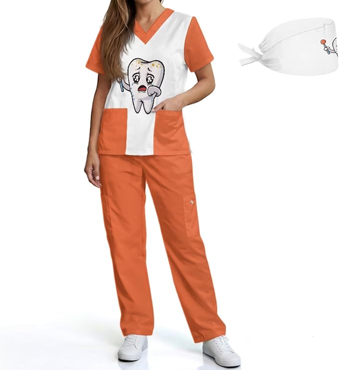 Gomyblomy Women's Scrubs Suit 3-Piece Set | Teeth Print V-Neck Top & Pants & Cap, Breathable and Stretch Fabric, S-5XL