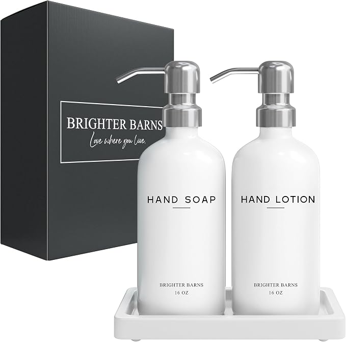 White Glass Soap and Lotion Dispenser Set by Brighter Barns - Bathroom Soap Dispenser Set Tray - Liquid Hand Soap Dispenser Pump - Modern Bathroom Accessories for Guest, Hotel, Spa, Restaurant (White)