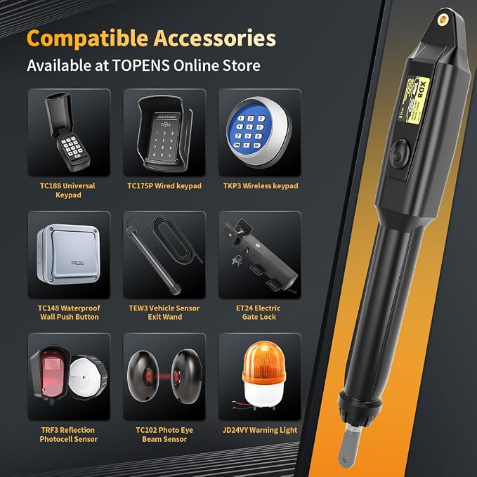 TOPENS XD851S Smart Gate Opener for Heavy Duty Solar Single Swing Gates Up to 18ft, Automatic Gate Opener with App Control AC Powered with Remote Control Kit Solar Panel Included