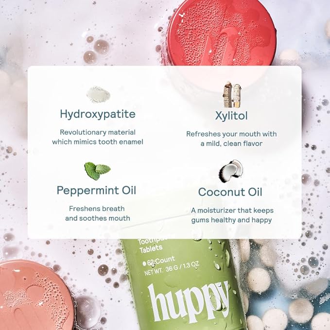 Huppy Toothpaste Tablets, Nano Hydroxyapatite, Fluoride Free and Plastic Free, Natural Whitening, Remineralizing, SLS Free, Bulk Supply, Strawberry Flavor (248 Count)