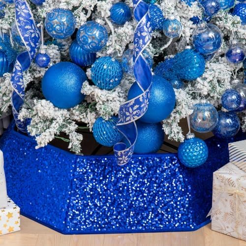 XmasExp Christmas Tree Collar, 33.5 inch Sequin Tree Skirt Stand Base Cover for Home Decor, Large Size 6 Piece, Blue