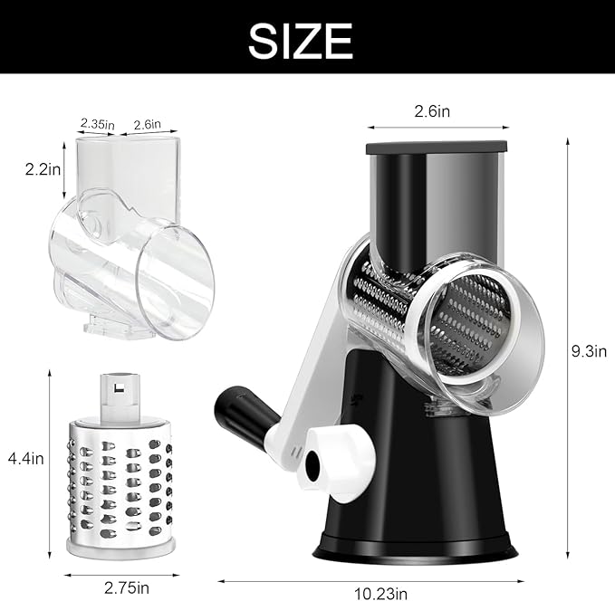 Cambom Rotary Cheese Grater Hand Crank Cheese Shredder for Fresh Cheese, Vegetable, Nuts,Non-slip Suction Base, Three Blades, Black