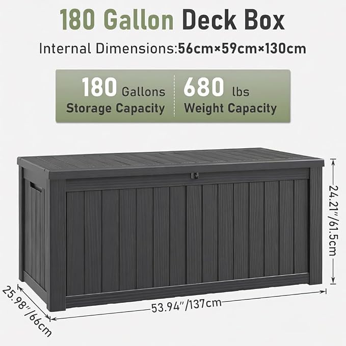 151 Gal Deck Box, Outdoor Storage Box Waterproof Lockable, Gas Lift,Black | Large sturdy grey resin deck box, double wall panels, waterproof backyard storage for package delivery, garden hoses tools