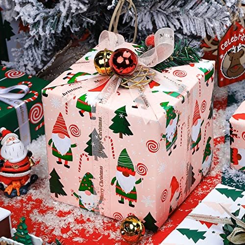 WRAPAHOLIC 30 Inch Reversible Gnome Christmas Wrapping Paper - 30 Inch x 33 Feet - Red Green Gnome Wrapping Paper and Pink White Polka Dots for Christmas, Holiday, Party