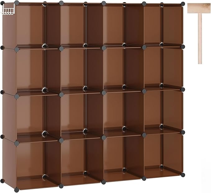 C&AHOME 16 Cube Storage Organizer Cube Shelves Units Storage Cubes, Brown | Plastic DIY Closet Organizer, Stackble Modular Closet Storage Shelves Ideal for Home, Bedroom, 48.4" L × 12.4" W × 48.4" H