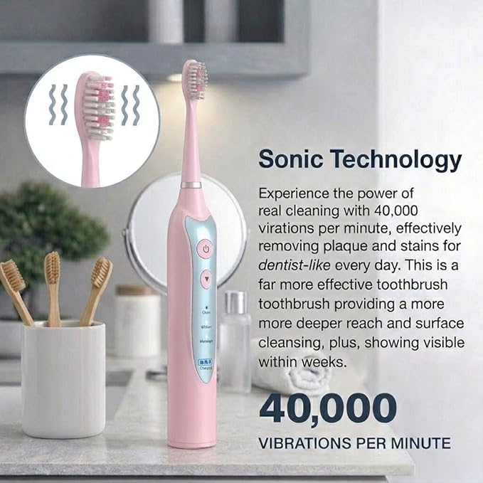 Sonic Electric Toothbrush for Adults, Rechargeable Power Toothbrush with 5 Replacement Heads, Travel Case, 3 Modes, 2 Minute Timer, IPX7 Waterproof Cordless Electric Toothbrush | Pink