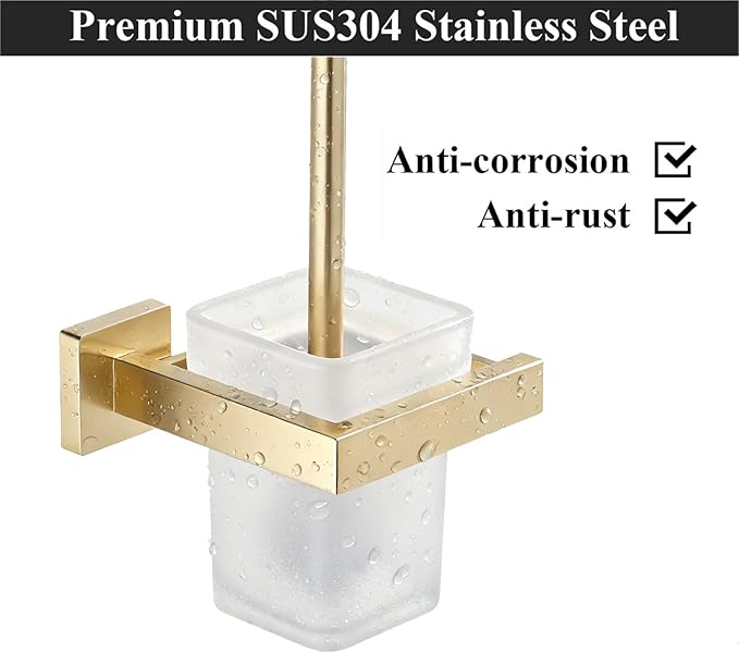 Brushed Gold Toilet Brush and Holder Set, NEWRAIN Wall Mounted Toilet Bowl Brush with Long Handle, Stainless Steel Toilet Brushes for Bathroom-Space Saving