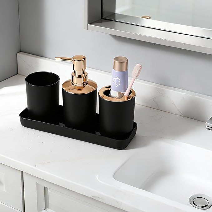9 Pieces Black Bathroom Accessories Set, Gorgeous Bathroom Set, Trash Can, Toilet Brush, Soap Dispenser and Toothbrush Holder, Soap Dish, Tumber, Qtip Holder, Tray, Sink Countertop Set Decor