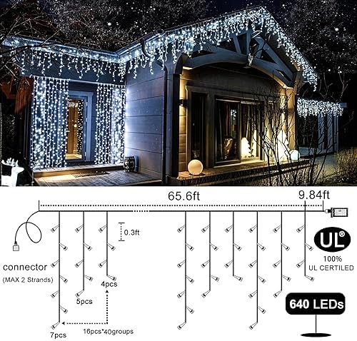 640 LED Icicle Lights for Outside, 66FT White Christmas Lights Outdoor