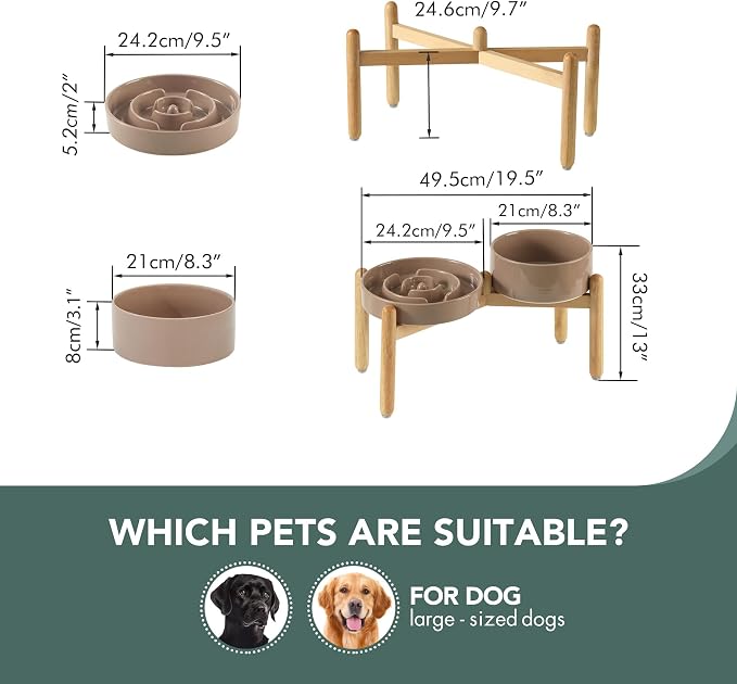 Havniva Elevated Slow Feeder Dog Bowls, Ceramic Dog Bowl Slow Feeder Set | 3.2 Cups Raised Slow Feeder Dog Bowl for Large Breed, 8.2” Dog Water Bowl with Wooden Stand, Puzzle Dog Food Bowl, Non-slip