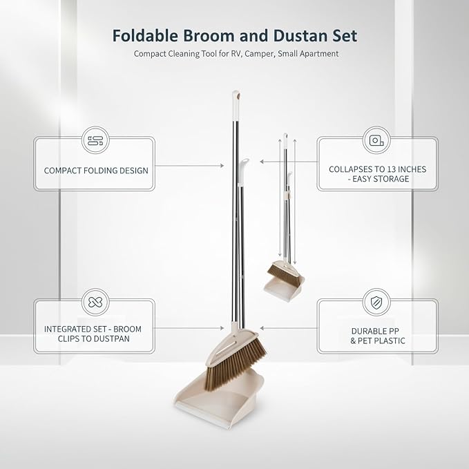 Foldable Broom and Dustpan Set, Compact Cleaning Tool for RV, Camper, Small Apartment (Set of 2)