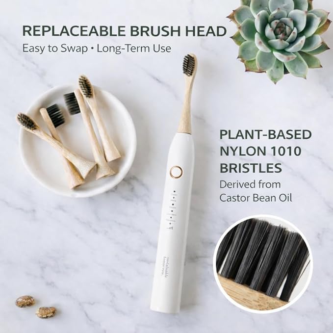 Sustainable Tomorrow Zen Bamboo Electric Toothbrush, Durable Wood-Grain ABS Handle, Rechargeable w/Plant-Based Soft Bristles, Bamboo Heads, 5 Modes & 30-Day Battery (White)