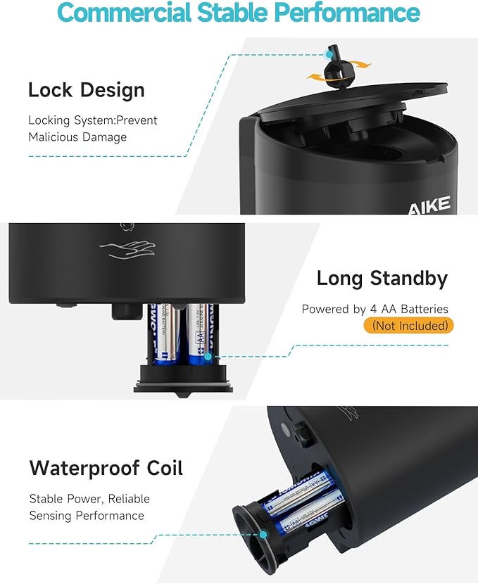 AIKE Automatic Foaming Soap Dispenser 25oz for Bathroom,Matteblack AK1205FA | Rich Foam and Stainless Steel,No-drill and Screw Wall Mount,5-Level Adjustable and Key for Commercial(Batteries Not Included)