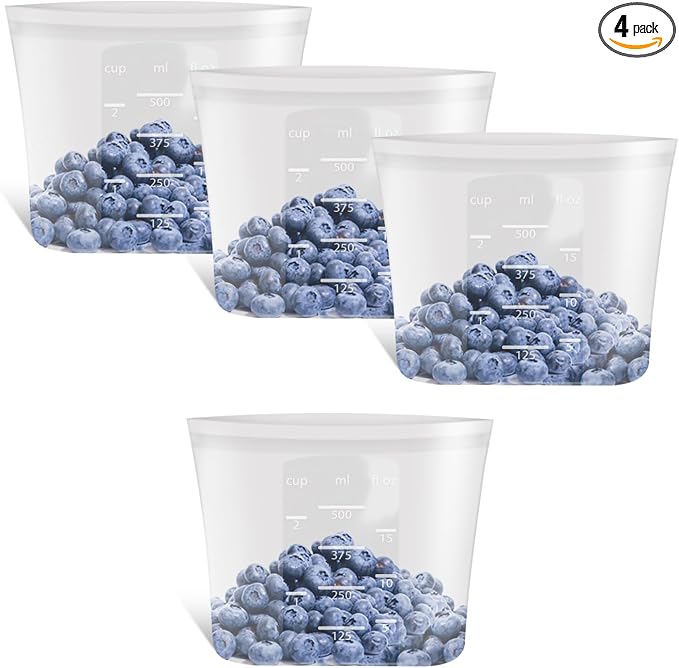 100% Platinum Silicone Reusable Food Storage Bags, 4 Pack, 17fl.oz/500ml | Premium Silicone Reusable Storage Bag, Stand-Up Wide-Mouth Ziplock, X-Small Size, Freezer Microwave Dishwasher Safe, Clear
