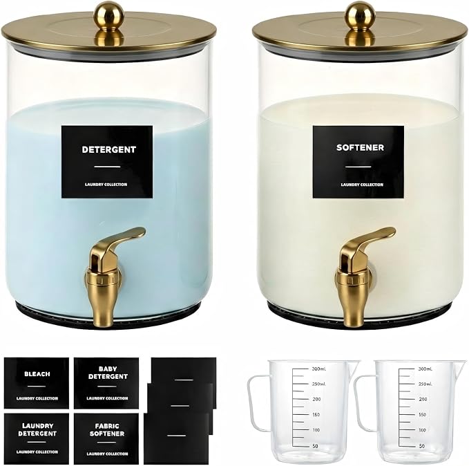 Glass Laundry Detergent Dispenser,1 Gallon Large Liquid Soap 2 Pack(Gold) | Complete borosilicate jars set with leakproof spigots, protective silicone mats, minimalist labels, and dosing cups