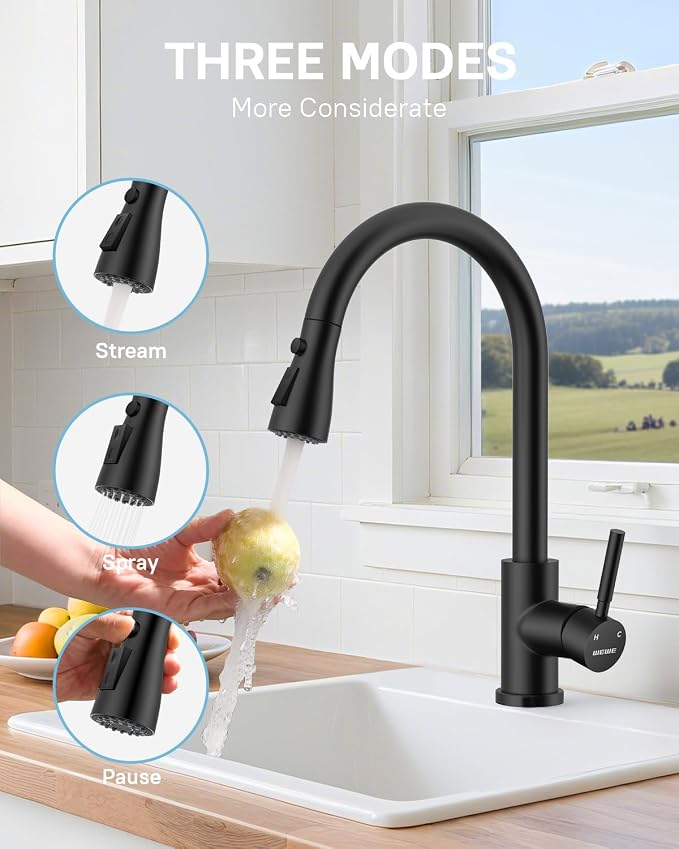 WEWE Kitchen Faucet with Pull Down Sprayer and Soap Dispenser, Matte Black High Arc Single Handle Stainless Steel Sink Faucet, Suitable for Farmhouse, RV & Laundry